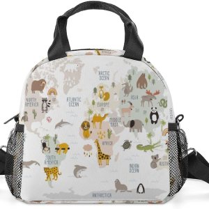 Niapessel Bolsa de almuerzo para mujeres, niños, niñas, niños, aislada, mapa del mundo animal, multicolor, impreso, lonchera térmica con soporte Niapessel Bolsa de almuerzo para mujeres, niños, niñas, niños, aislada, mapa del mundo animal, multicolor, impreso, lonchera térmica con soporte