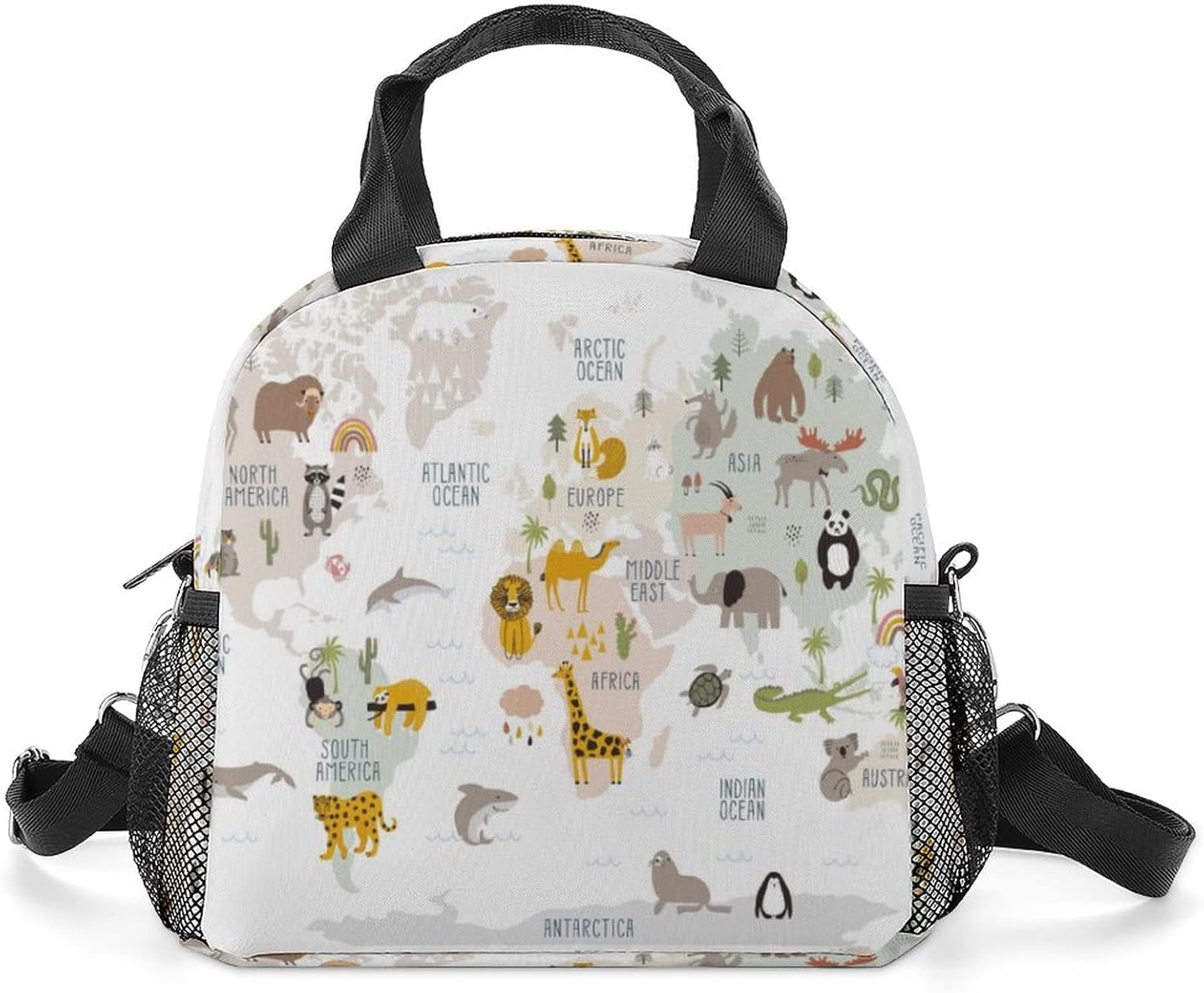 Niapessel Bolsa de almuerzo para mujeres, niños, niñas, niños, aislada, mapa del mundo animal, multicolor, impreso, lonchera térmica con soporte