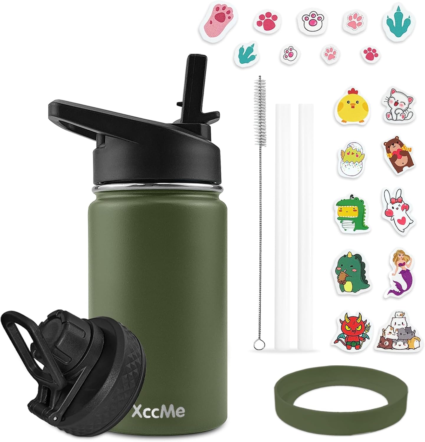 Botella de agua de acero inoxidable para niños, botellas de agua de 12 onzas para niños y niñas, botella de agua de metal aislada con popote, 2