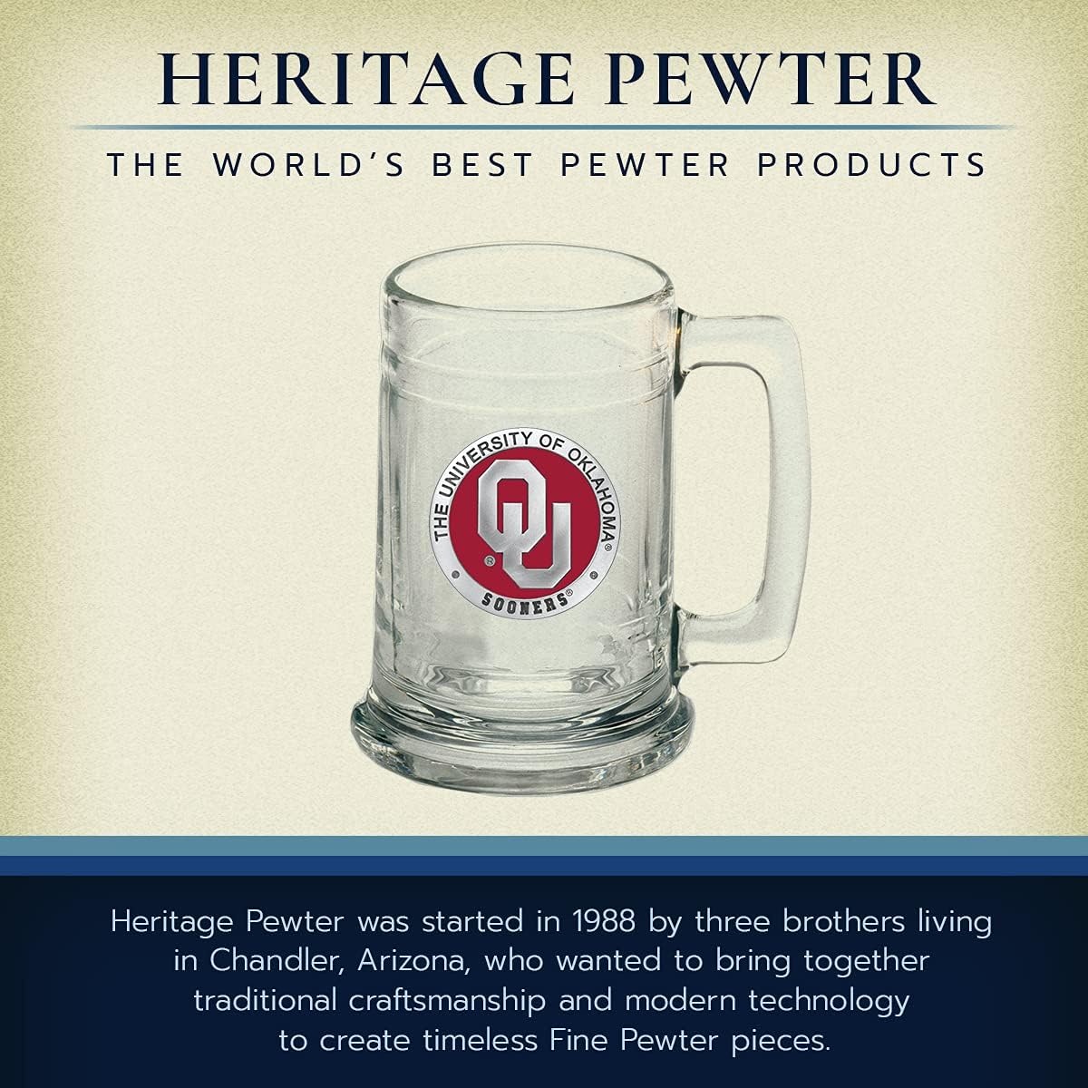 Vaso de cerveza Oklahoma  Vaso de cerveza de estilo alemán de 15 onzas  Incrustación de metal Alma Mater de peltre intrincadamente elaborada