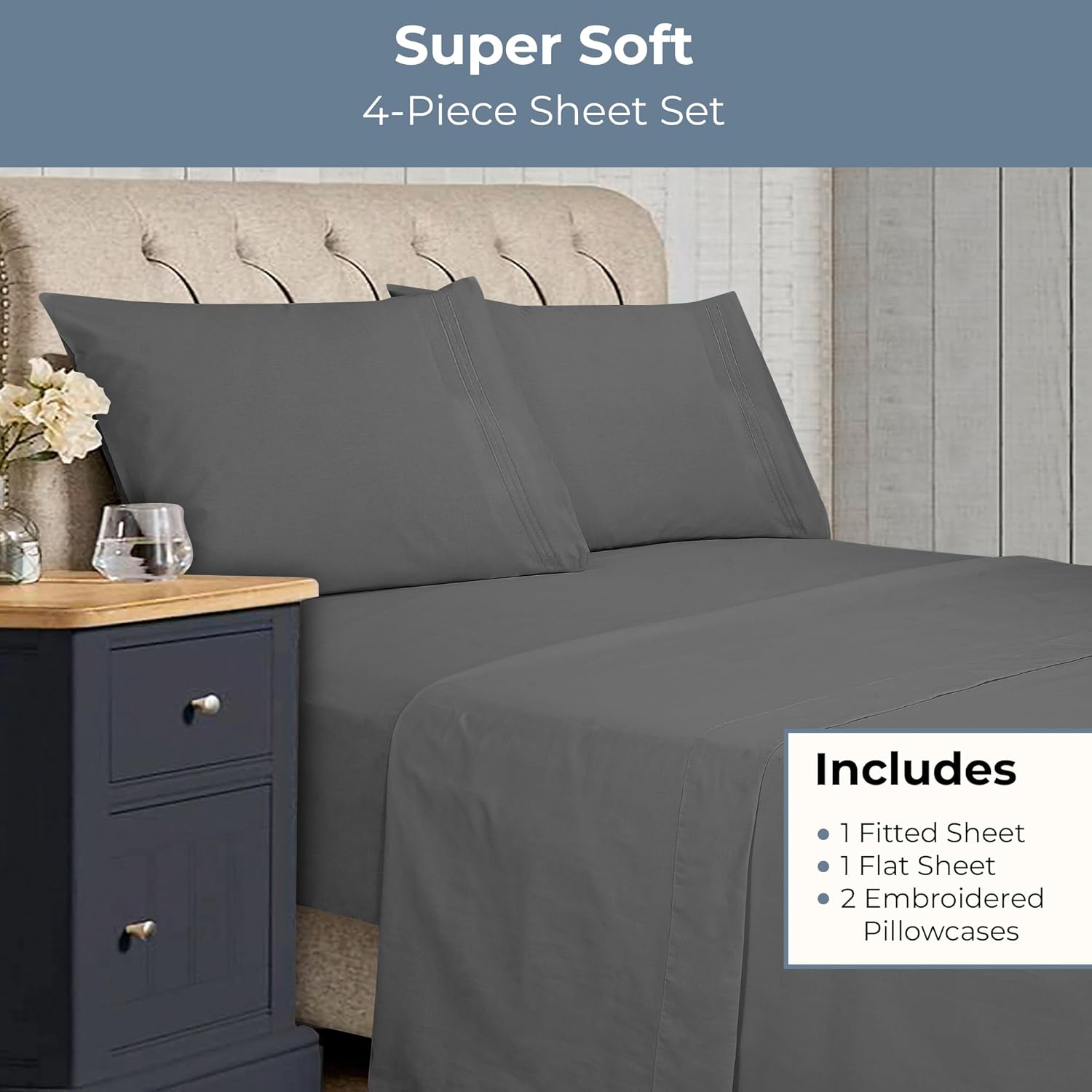 ROYALE LINENS – Sábanas King de 4 piezas – Juego de sábanas de microfibra cepillada suave 1800 – 1 sábana bajera, 1 sábana encimera, 2 fundas de