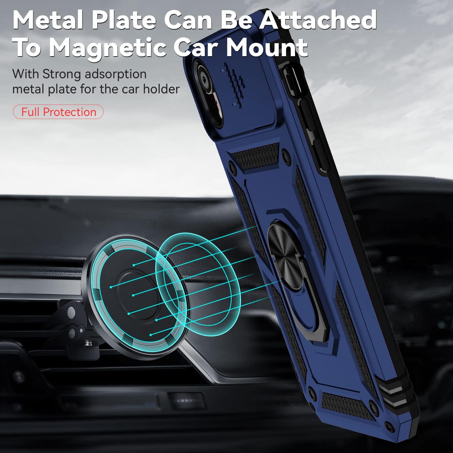 Funda para iPhone XR, con cubierta para lente de cámara, protector de pantalla HD, grado militar anillo de montaje en coche, soporte híbrido de