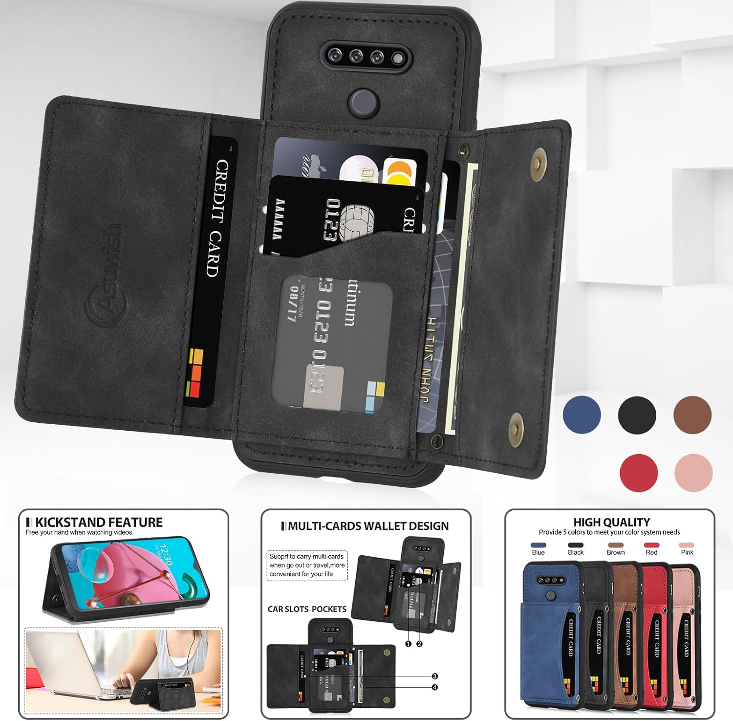 Asuwish Funda de teléfono para LG K51Reflect LTEQ51 Funda tipo cartera con protector de pantalla de vidrio templado y soporte para tarjetas,