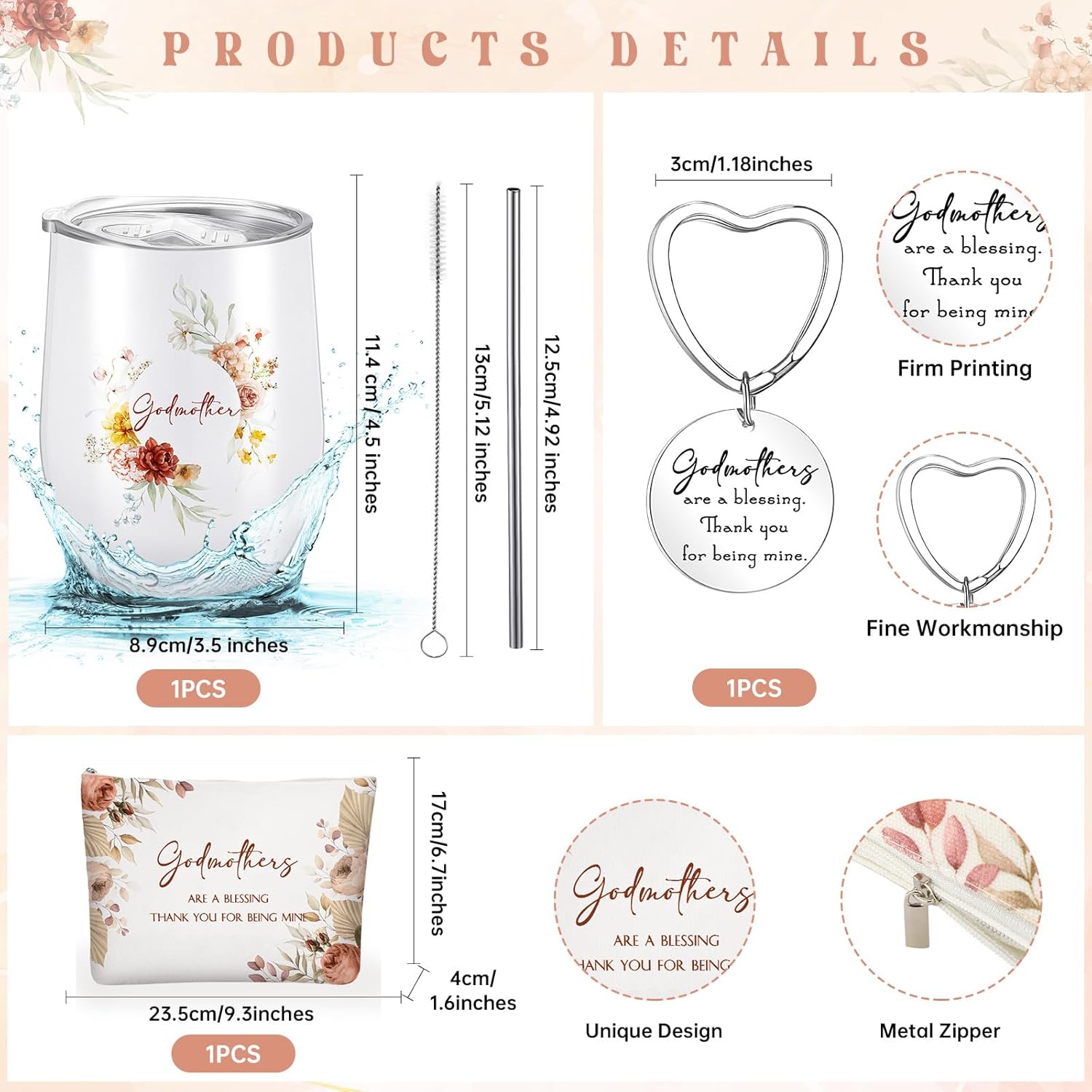 Juego de 3 vasos de acero inoxidable de 12 onzas, regalos para madrina, bolsas de maquillaje, llavero para Acción de Gracias, boda, vacaciones,