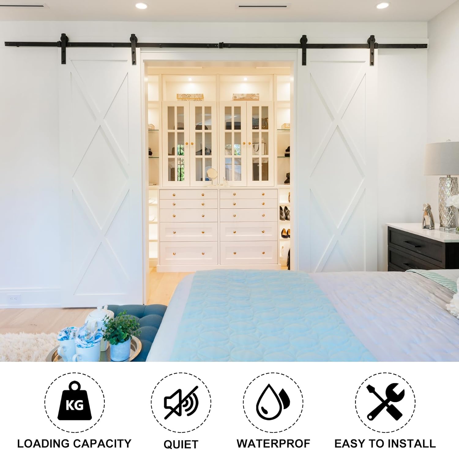uxcell Kit de herrajes para puerta corrediza de granero plegable de 65 pulgadas para 2 puertas de armario, rodillo en forma de J de pista plana,