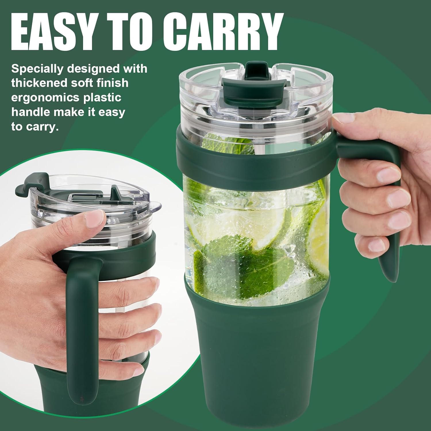 tronco Vaso de vidrio de 40 onzas con asa, popote abatible a prueba de fugas, vaso de vidrio reutilizable con popote y tapa, taza de café helado con