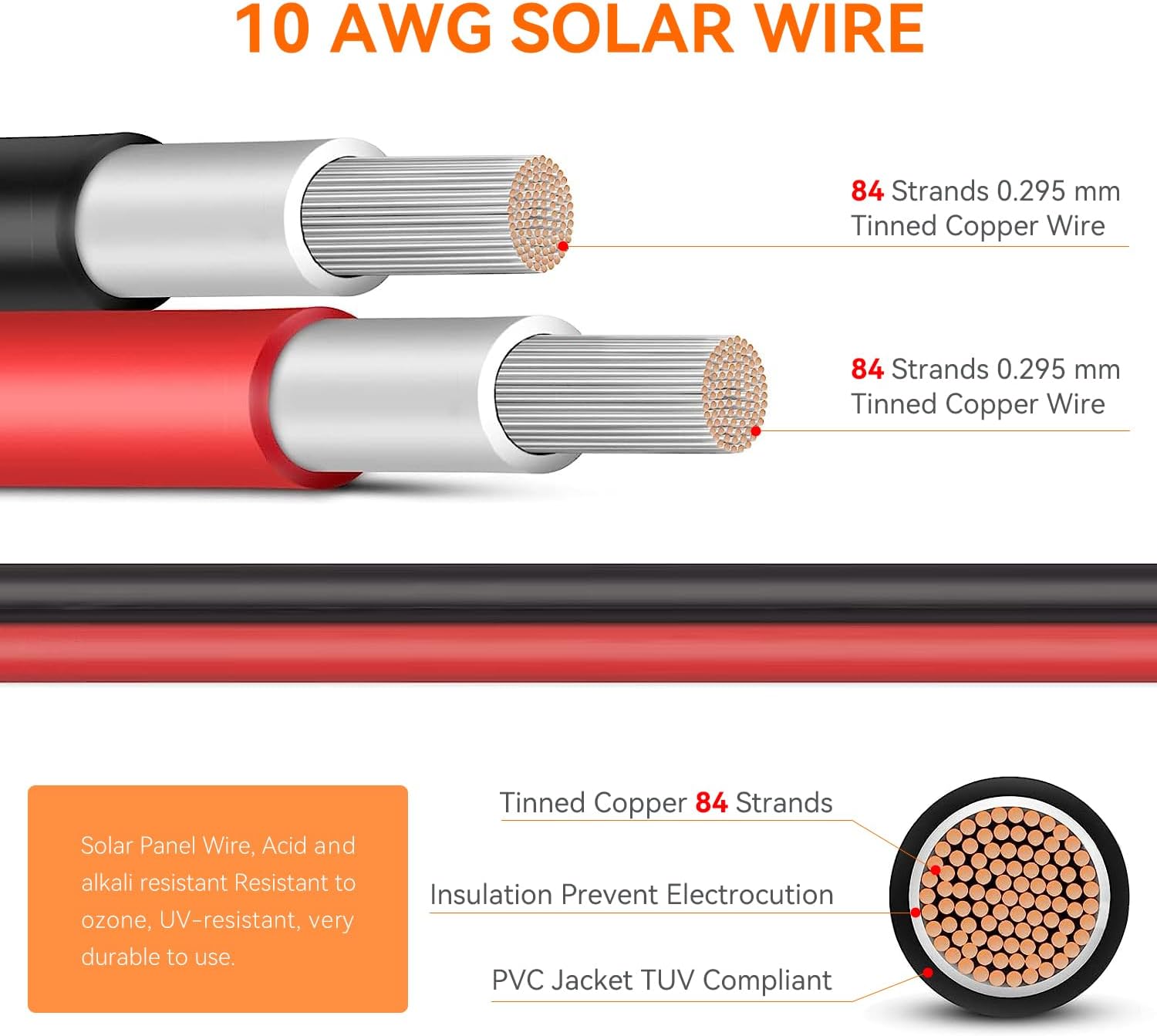 10AWG Solar Extension Cable 60 Feet, 10 Gauge Solar Cables 60Ft for Solar Systems, Car, RVs, and Boats, Tinned Copper PV Wire Ends with Solar