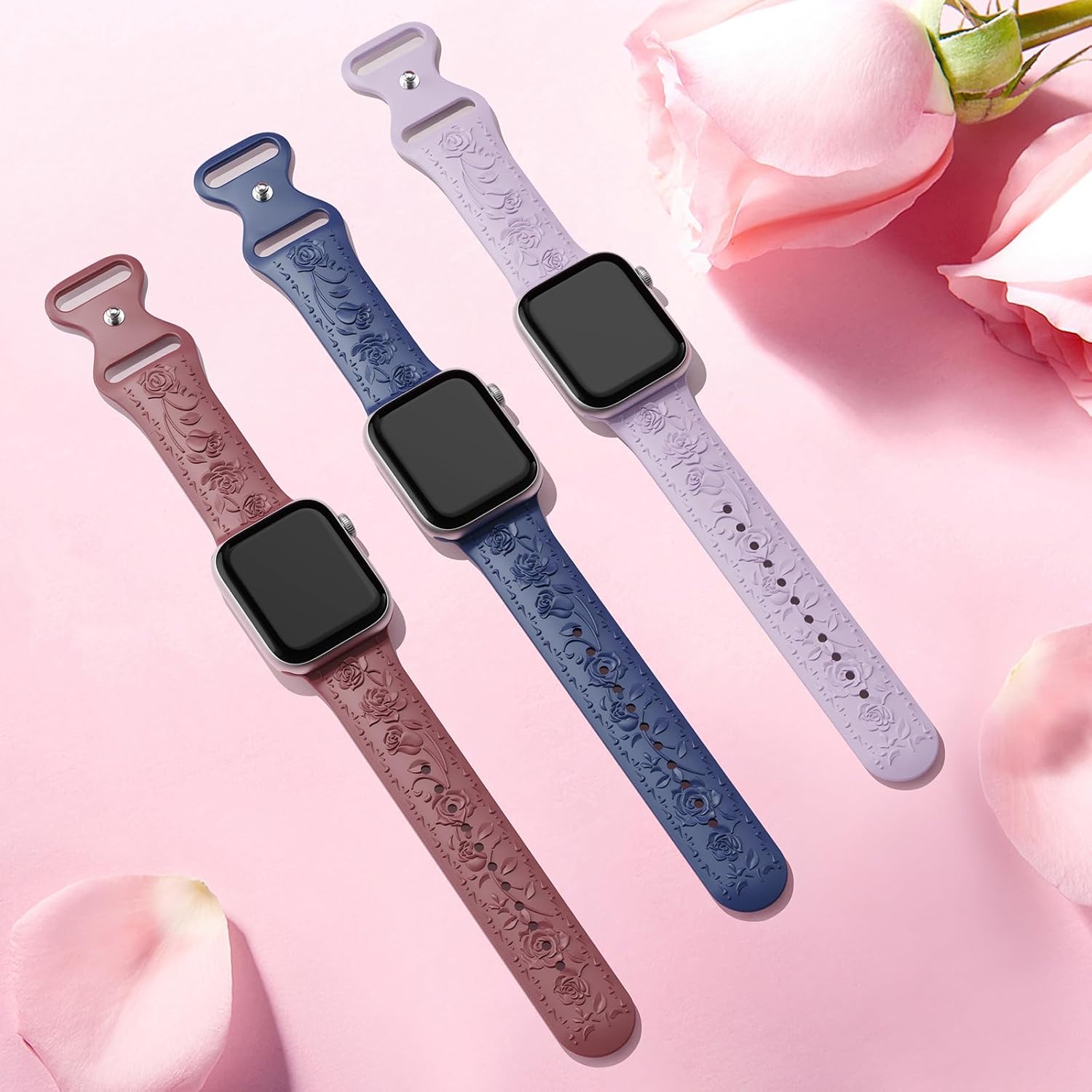 Correa de silicona suave con grabado floral compatible con Apple Watch Band de 1.575 in, 1.614 in, 1.496 in, 1.654 in, 1.732 in, 1.772 in y 1.929 in