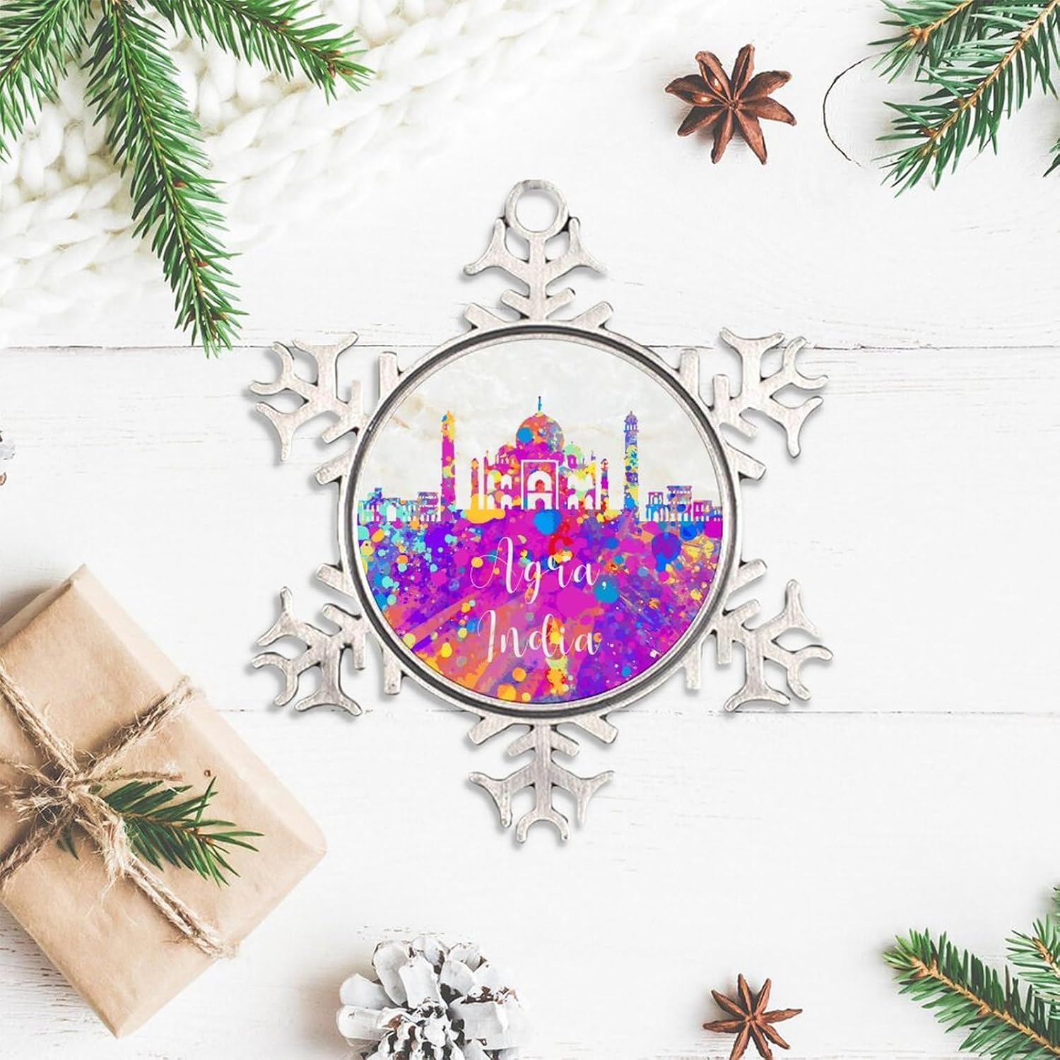India Agra – Adornos de copo de nieve blanco con orgullo estatal, adorno patriótico de copo de nieve de metal, decoración de árbol de Navidad,