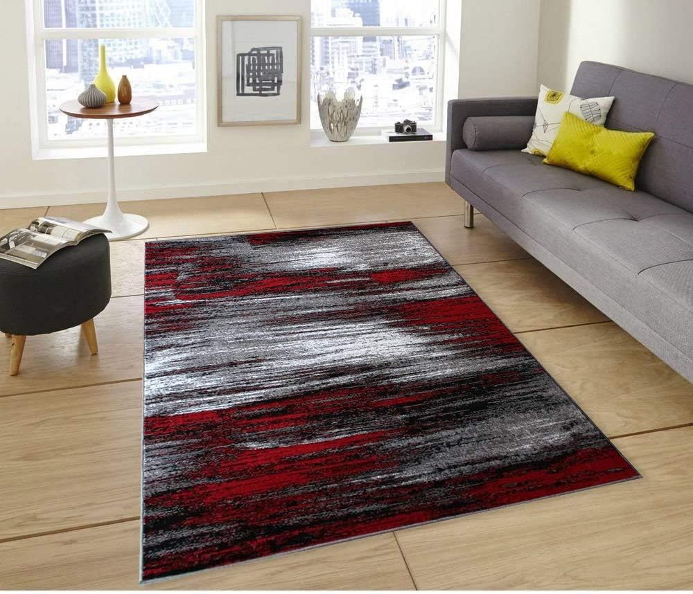 Alfombras grandes y modernas para sala de estar, alfombra abstracta de color rojo, gris y negro, para oficina y cocina (5′ 3″ x 7′ 5″)