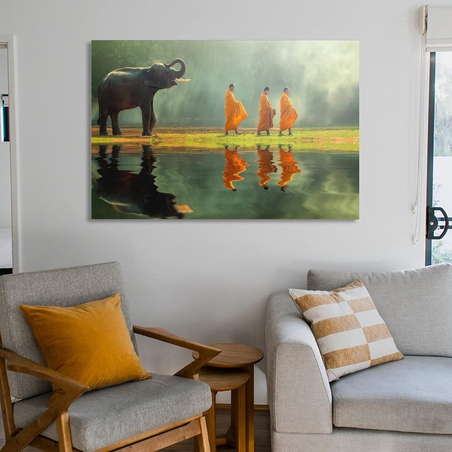 Póster estético de la habitación, monje y elefante, viven en paz, pinturas artísticas de pared, lienzo, decoración de pared, decoración del hogar,