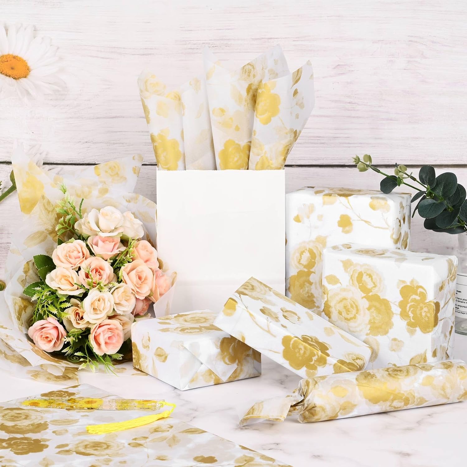 Bolsome 100 hojas de papel de seda floral de rosas a granel para envolver regalos, 20 x 14 pulgadas, papel de seda con patrón de flores vintage para