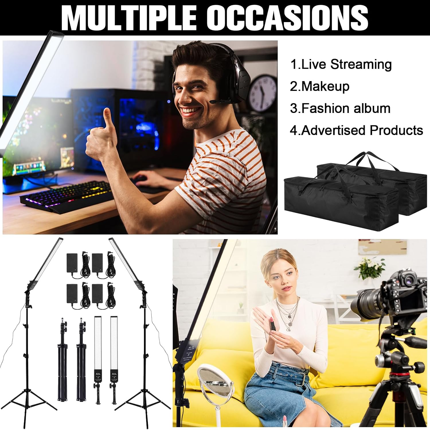 Xuhal Juego de 2 varitas de iluminación LED bicolor, luces de fotografía ajustables con trípode de 22-63 pulgadas, 3200K-5500K, 192 luces de relleno