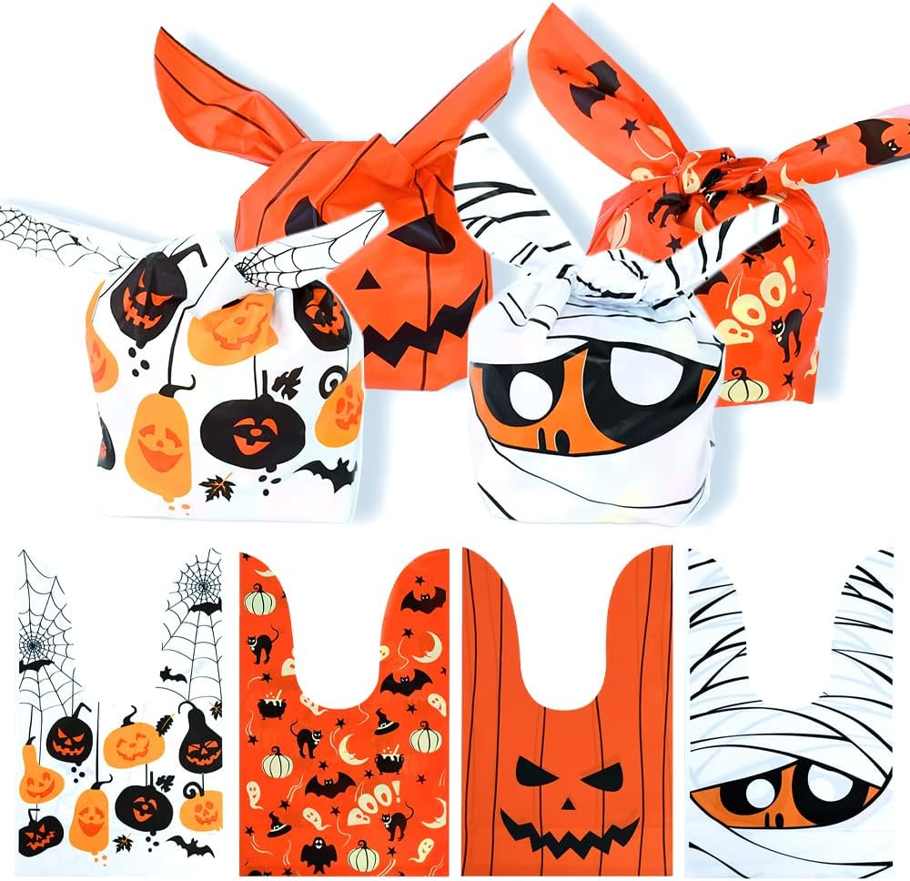 Weenkilly 100 bolsas de golosinas de Halloween, 4 estilos de bolsas de dulces, bolsas de golosinas para niños, lindas bolsas de plástico con orejas