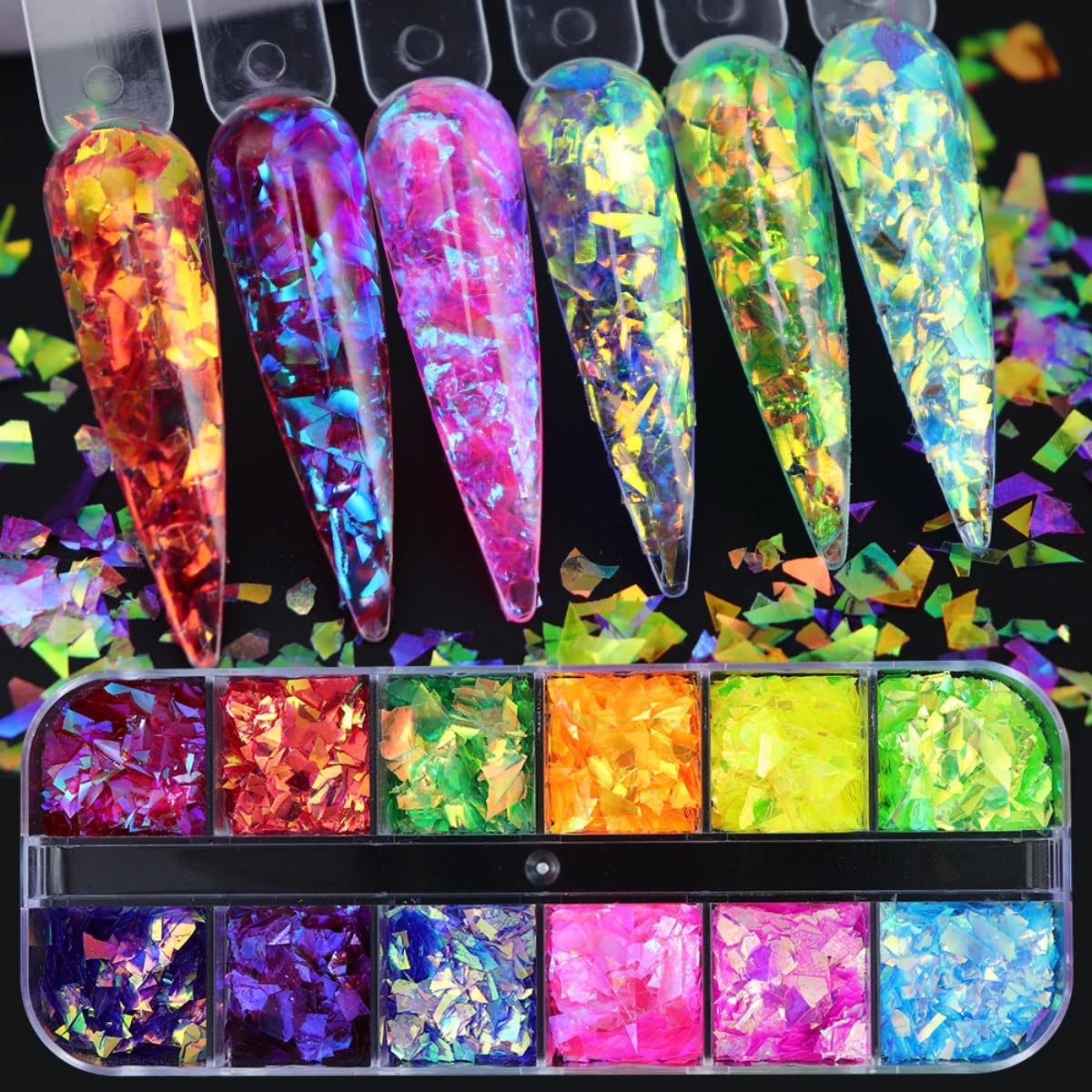Decoración holográfica de sirena para uñas con lentejuelas iridiscentes con purpurina, 2 cajas brillantes de escoria de hielo brillante y