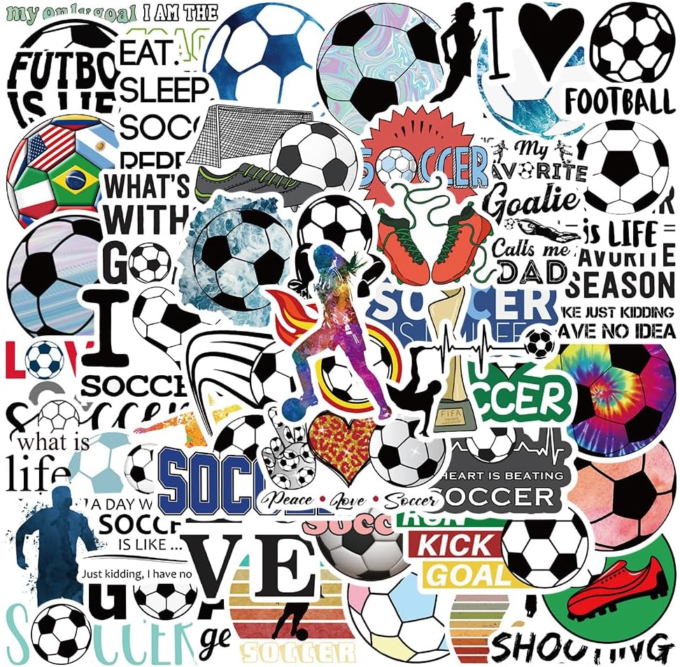Calcomanías de fútbol para botellas de agua, calcomanías de fútbol I Love para niños, adolescentes, adultos, 50 calcomanías de vinilo impermeables