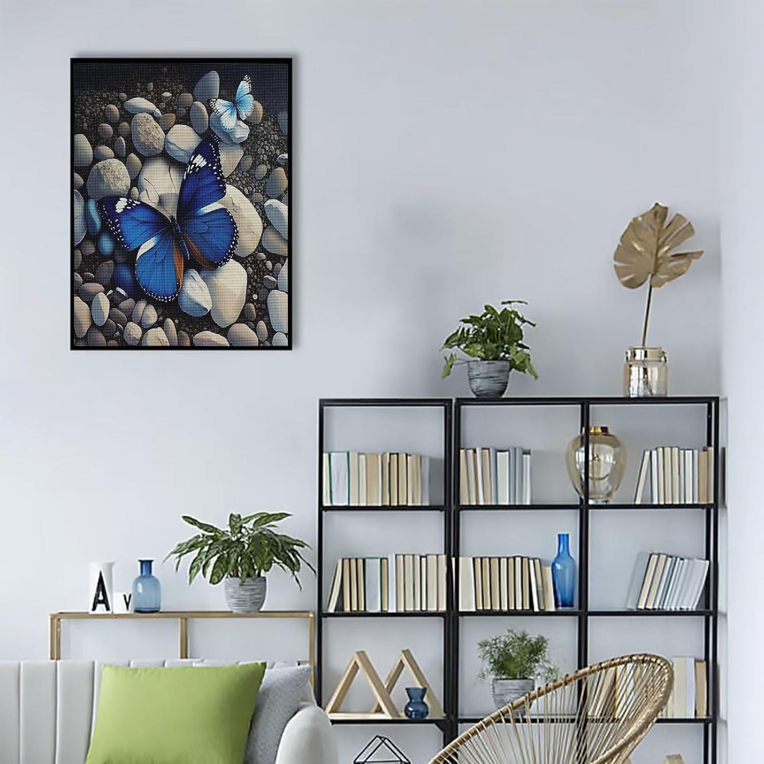 Treff Juego de pintura de diamantes, mariposas y piedras azules y blancas, juego de arte de diamantes 5D para bricolaje, pintura de diamante redondo