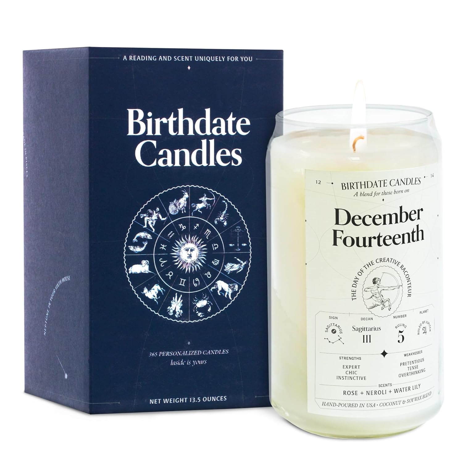 Birthdate Candles, December 14 – Sagittarius Zodiac Scented Candles Birthday Gift – Rose, Neroli & Water Lily Scent – All-Natural Soy & Coconut Wax,