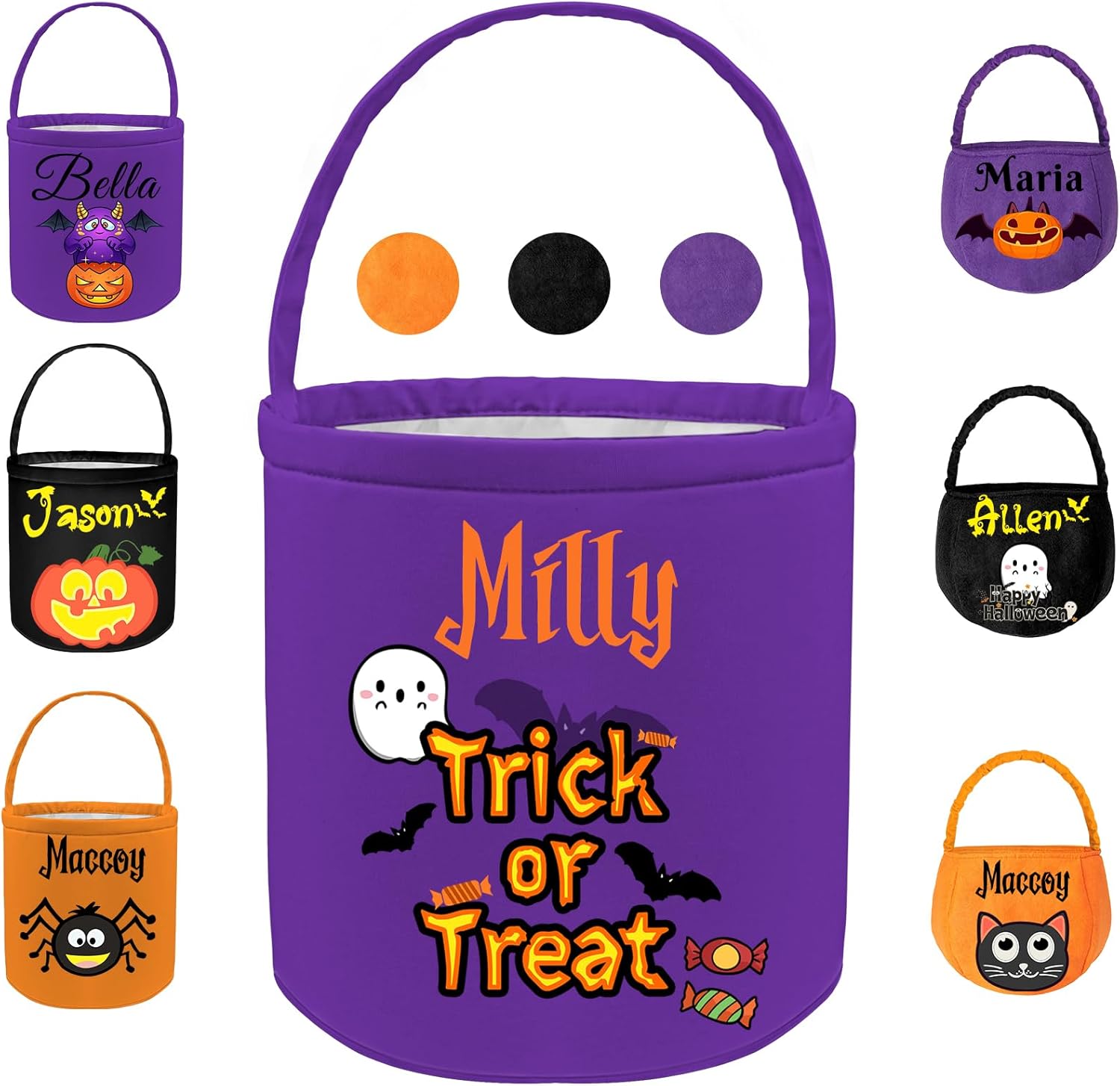 FwSYouMAI Cubo de Halloween personalizado con nombre, 12 patrones impresos, cestas de truco o trato para niños, cesta de fiesta de dulces