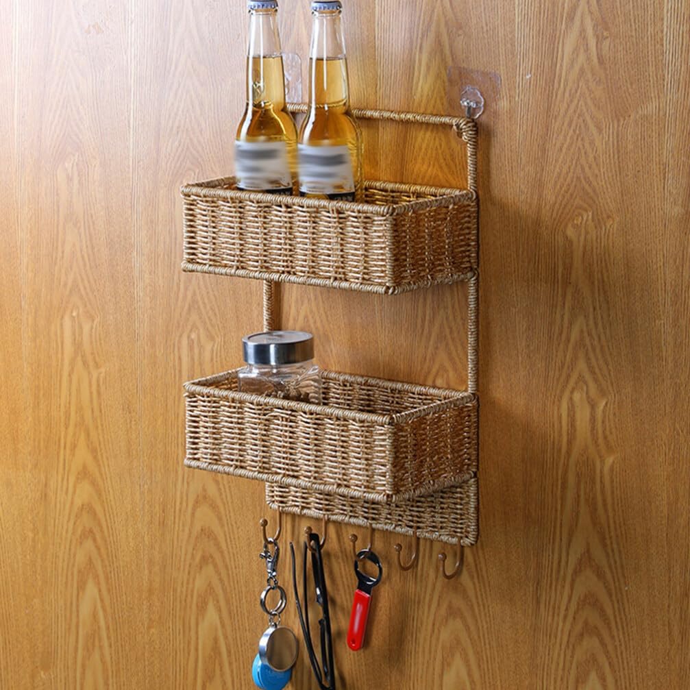 Angoily Cesta clasificadora de almacenamiento tejida de 2 niveles con 5 ganchos, cesta de frutas colgante de ratán para cocina, verduras,