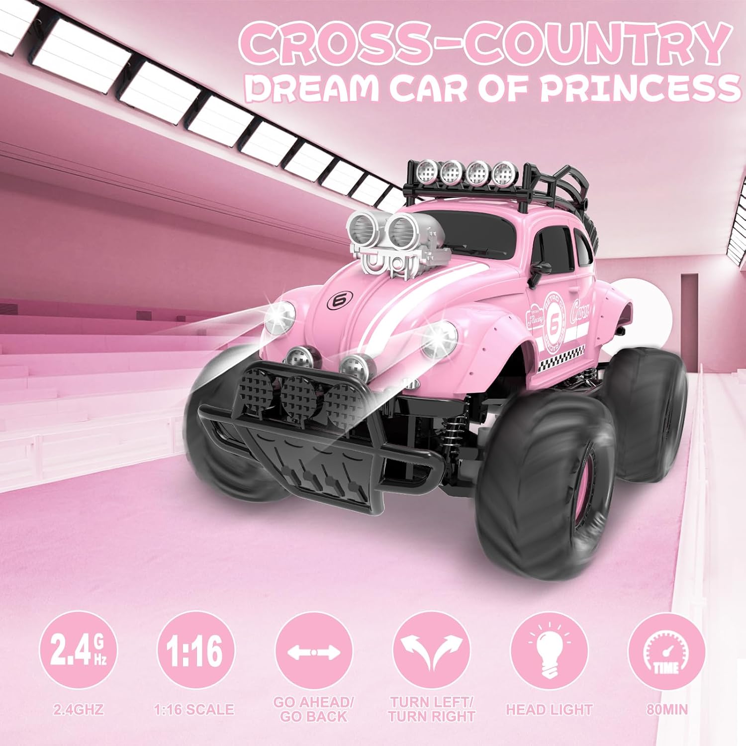Carox Auto a control remoto para niñas, escala 116, 80 minutos de reproducción, color rosa, clásico con bonito faro LED para todos los terrenos,