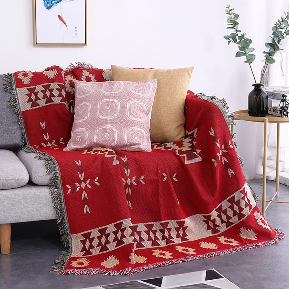 CCHYF Manta de nativos americanos del suroeste, manta azteca, decoración de pared bohemia roja con borlas tejidas de algodón, mantas y mantas