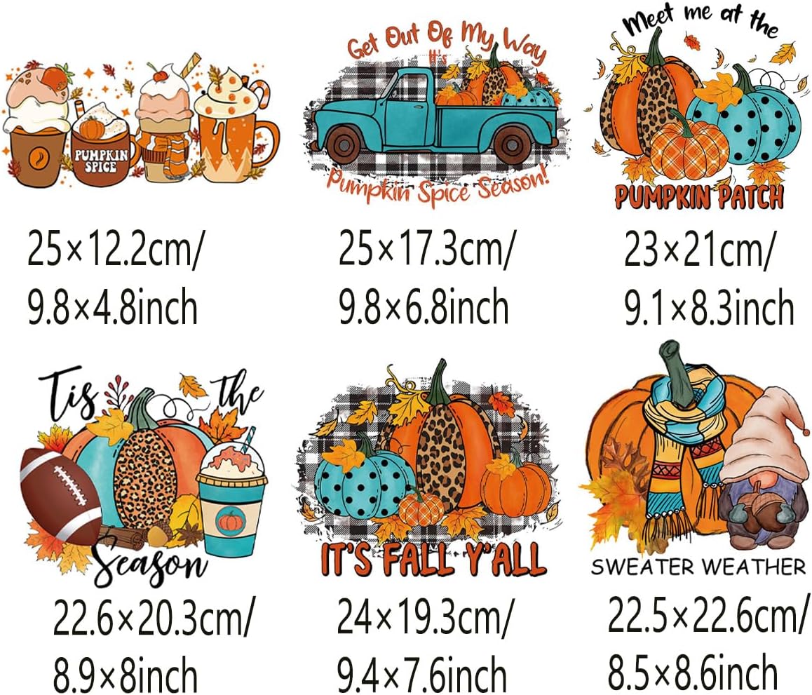 6 hojas de parches de transferencia para planchar de Acción de Gracias, calcomanías de calabaza para planchar, calcomanías de vinilo de