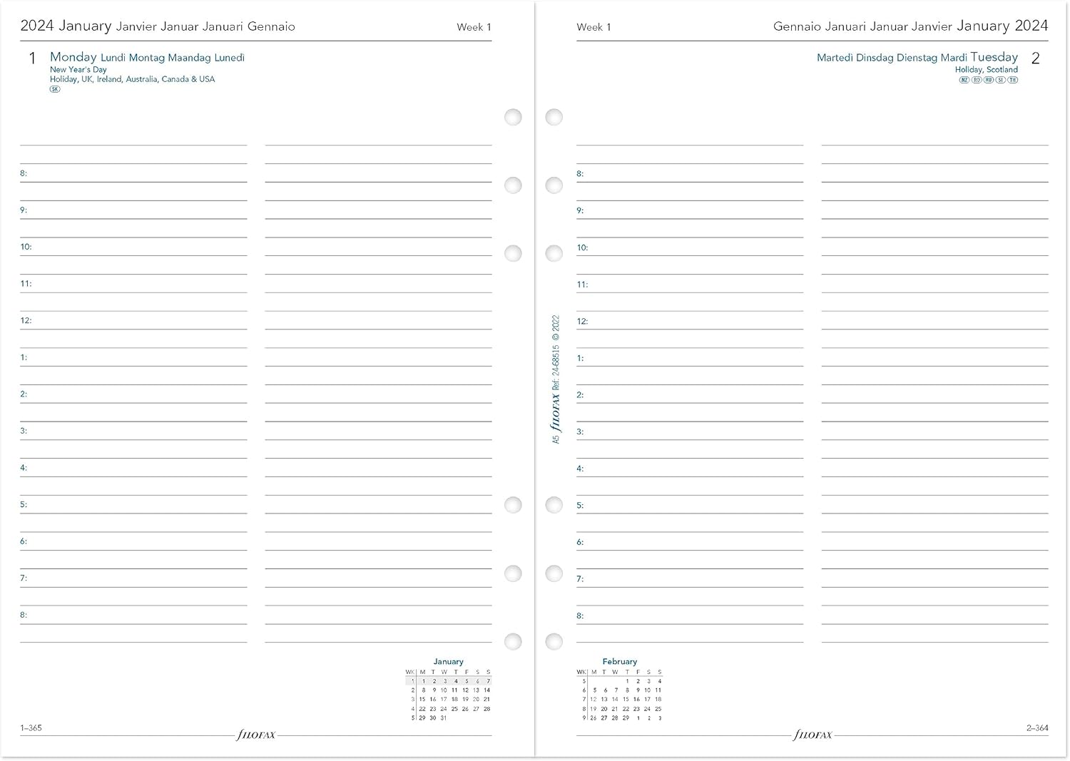 Filofax Calendario de recambio de diario, tamaño A5, día en una página con citas, libro blanco, multilingüe cinco idiomas, 2024 (C68515-24)