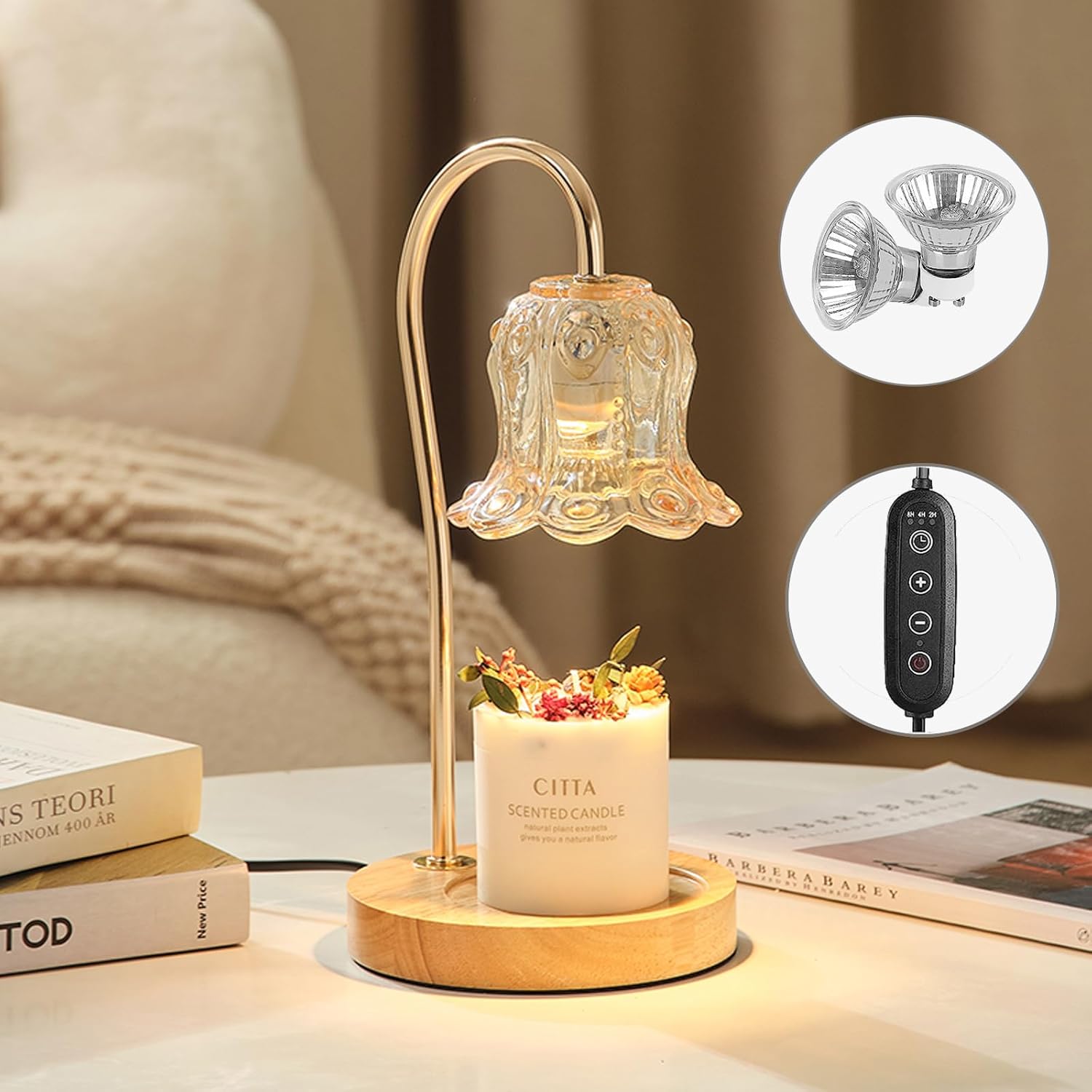 Lily of The Valley – Lámpara calentadora de velas con forma de flor ámbar, regulable con temporizador, calentador de cera para velas perfumadas para