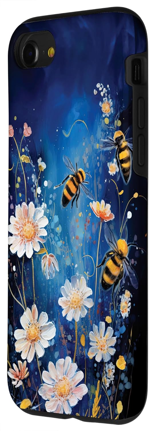 Funda para iPhone SE (2020)  7  8 Bees and wildflowers on dark blue