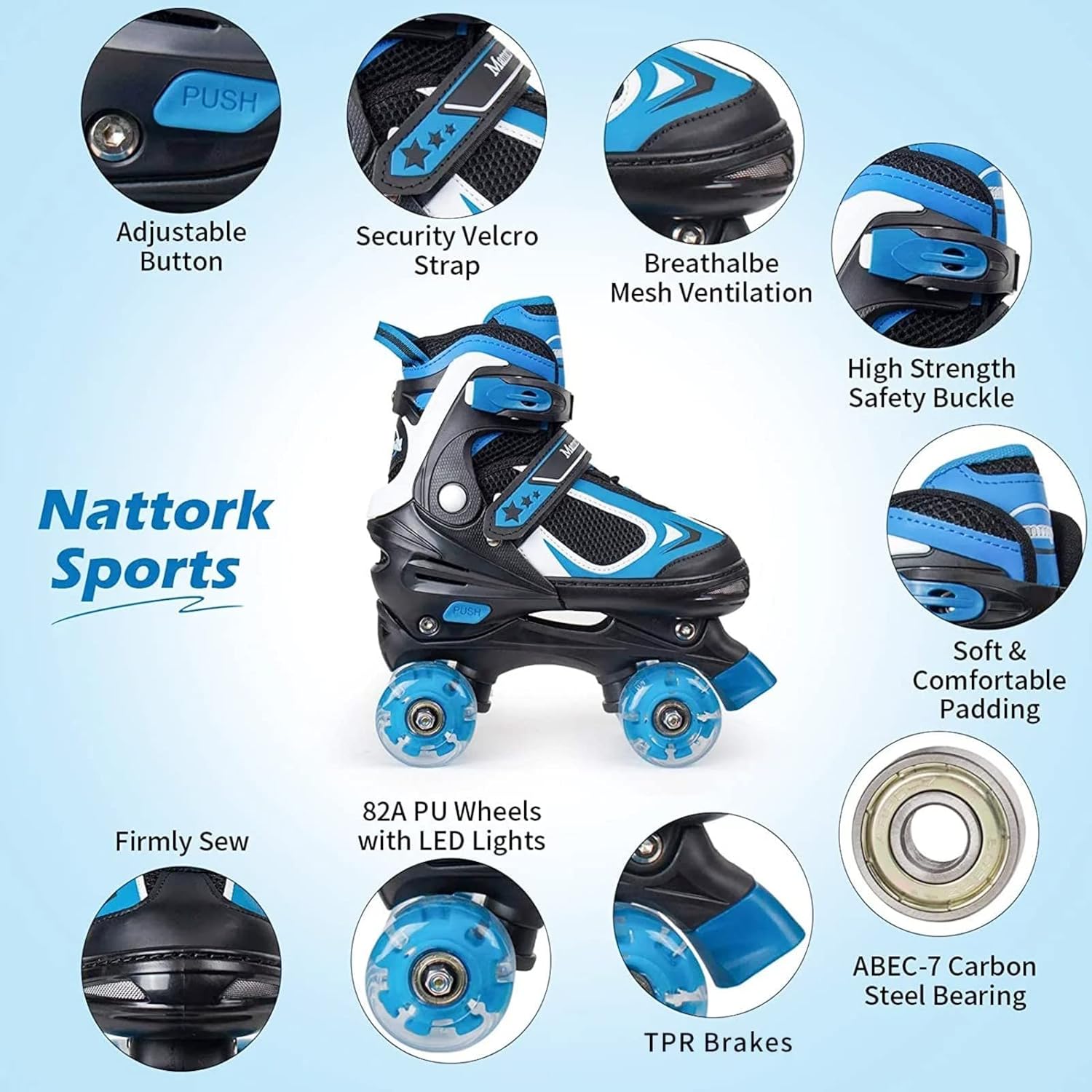 Nattork – Patines de ruedas para niños y niñas, 4 tamaños, patines ajustables con ruedas iluminadas, divertidos patines para niños pequeños,