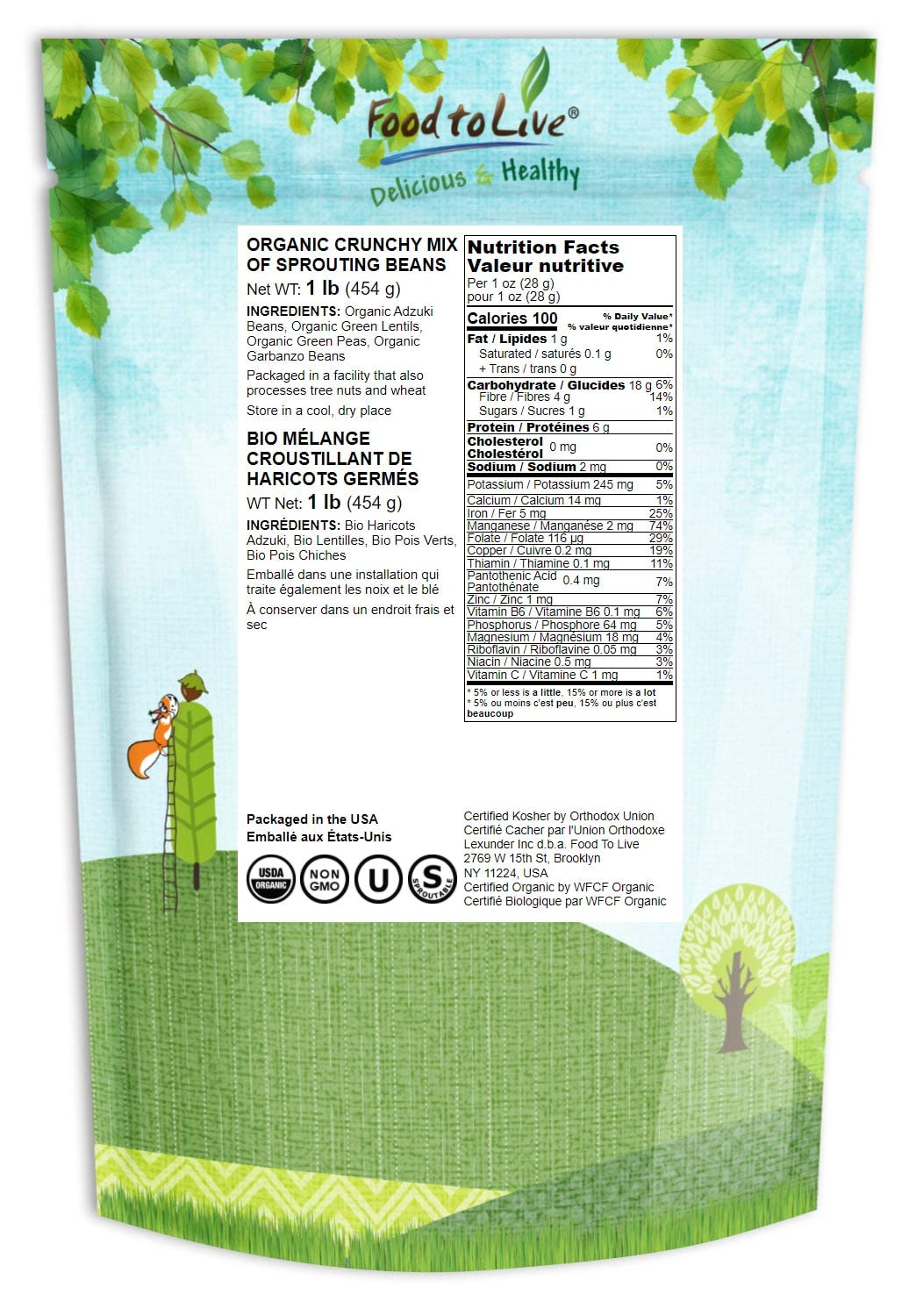Mezcla crujiente orgánica de granos germinantes, 1 libra, sin OMG, kosher, no irradiada, vegana, cruda, seca, a granel, guisantes verdes orgánicos,