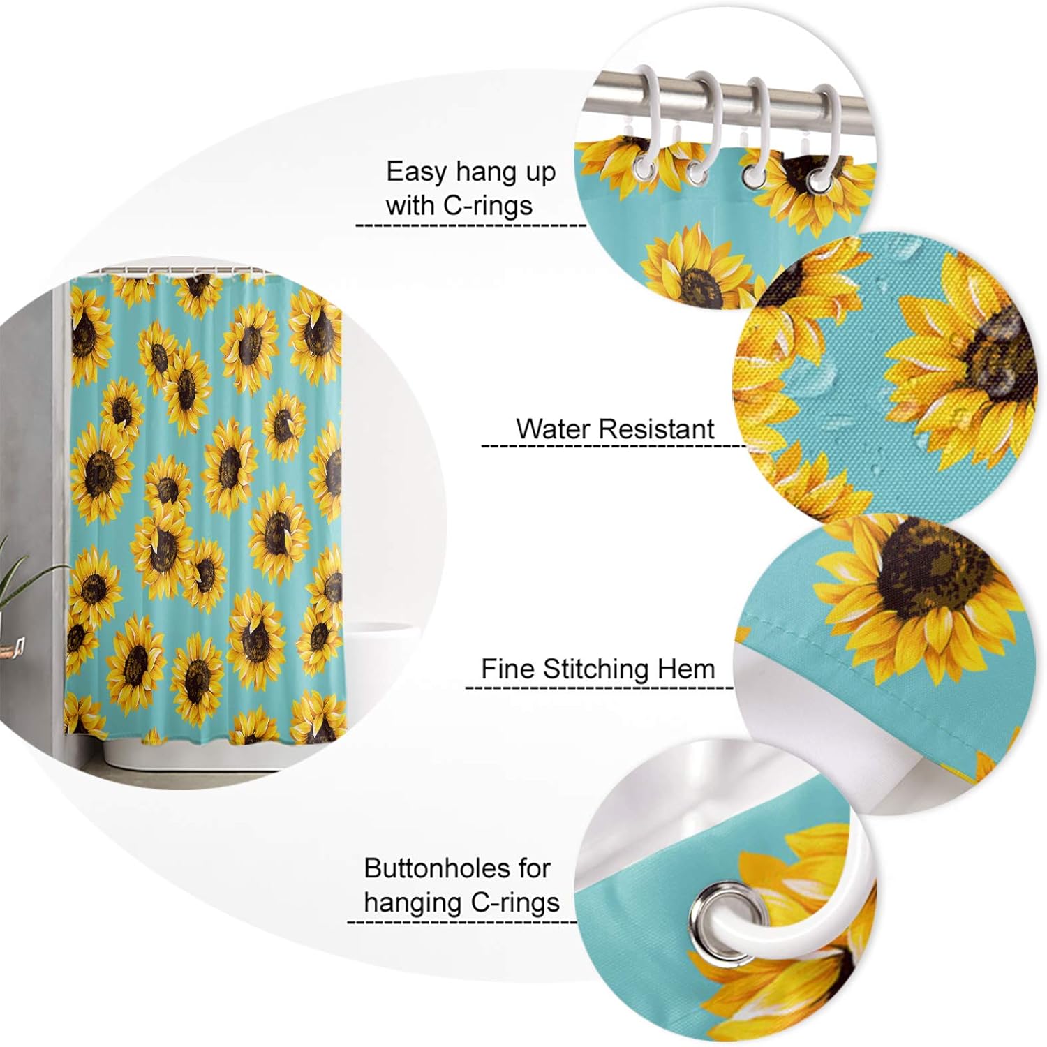 Shower Curtains for Bathroom Sunflower Aqua Vintage Background Waterproof Fabric Shower Curtain Set with 12 Hooks Quick Drying Bathroom Decor
