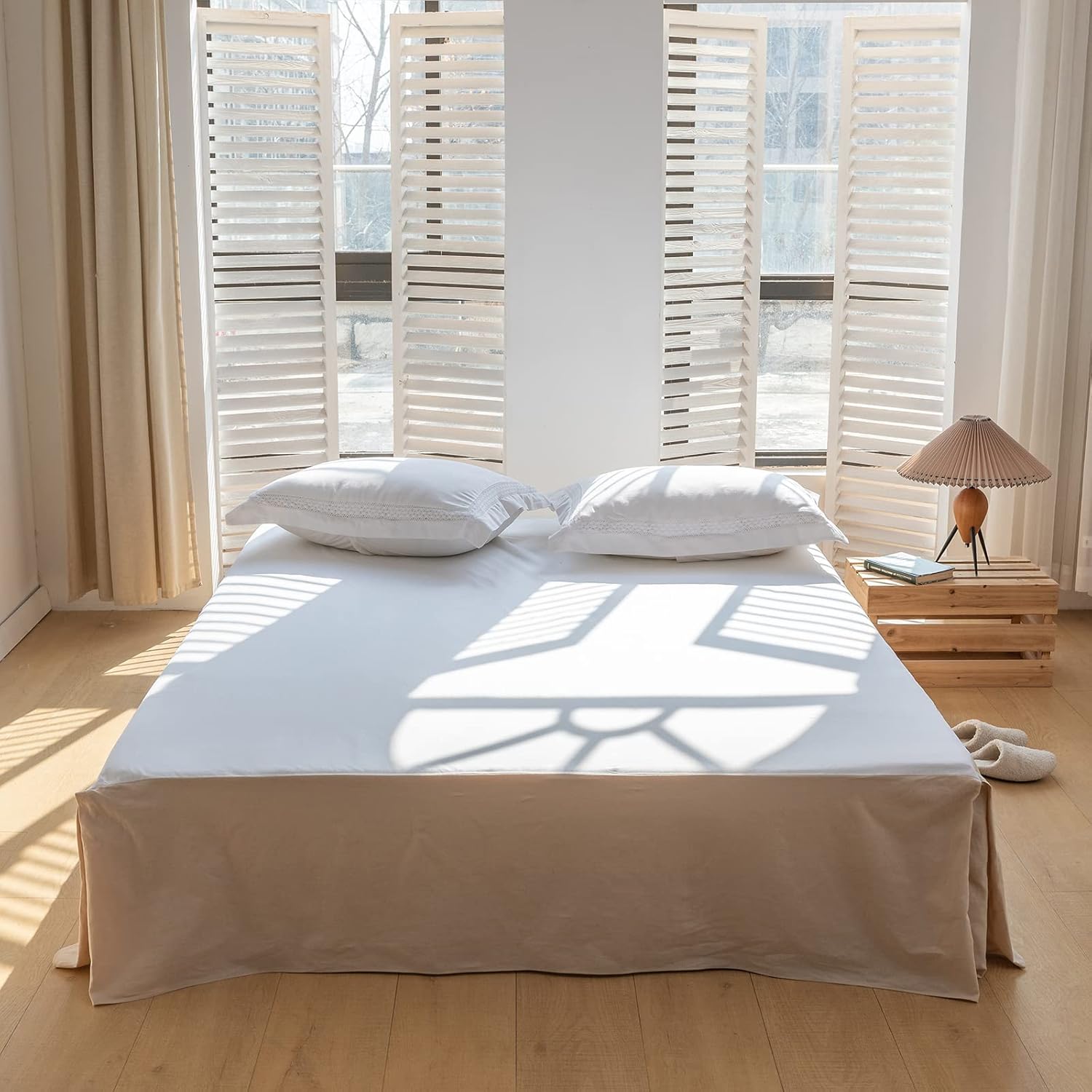 BISELINA Falda de cama de lino francés con esquinas plisadas de 14 pulgadas, mezcla de algodón de lino natural, con volantes básicos de polvo,