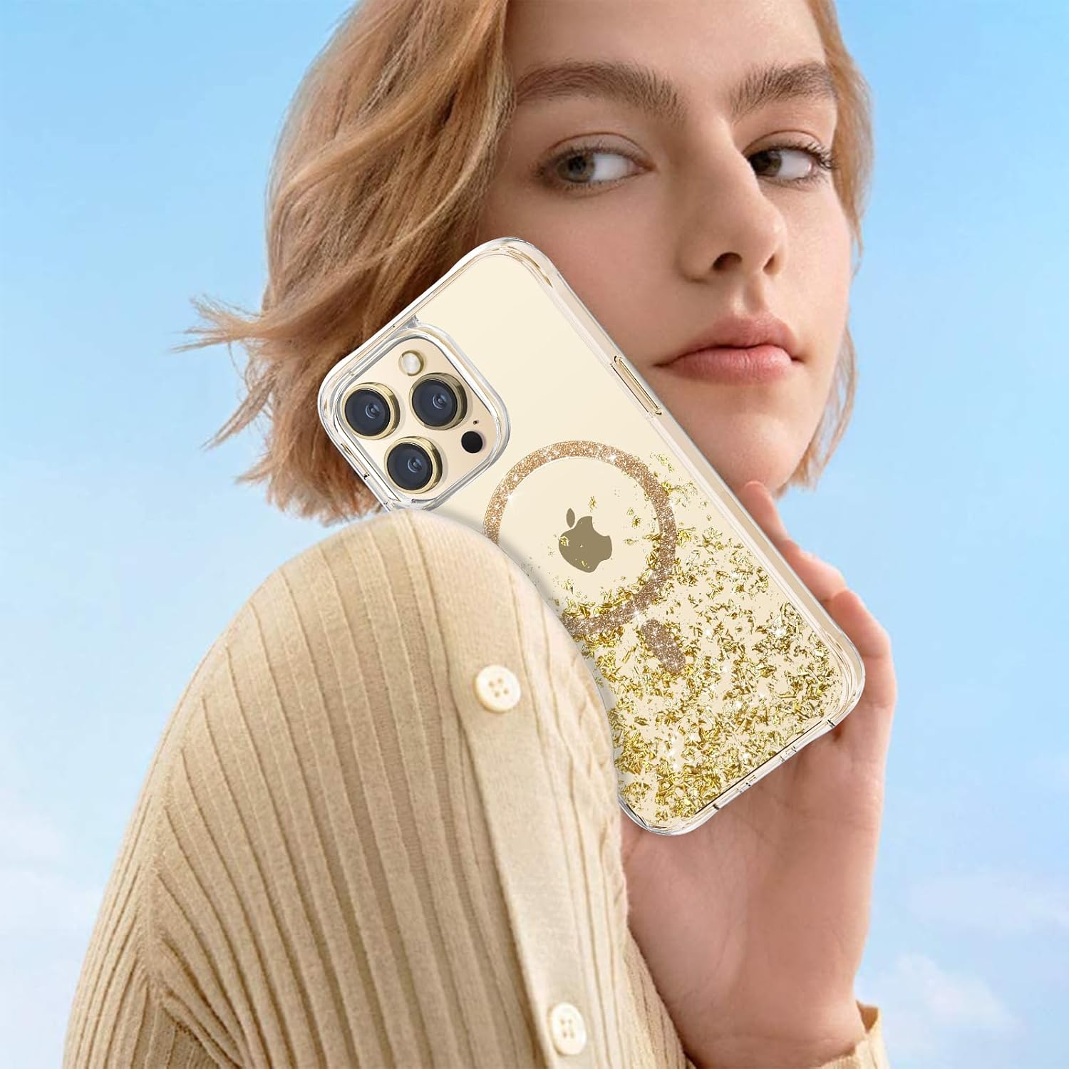 Funda con purpurina magnética con diseño de anillo magnético para iPhone 13 Pro Max compatible con MagSafe purpurina artesanal 3D funda brillante