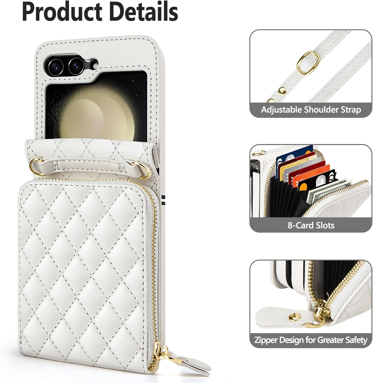 Vofolen Funda para Samsung Galaxy Z Flip 5 con tarjetero, funda cruzada de 8 ranuras para tarjetas con correa ajustable, piel sintética suave con