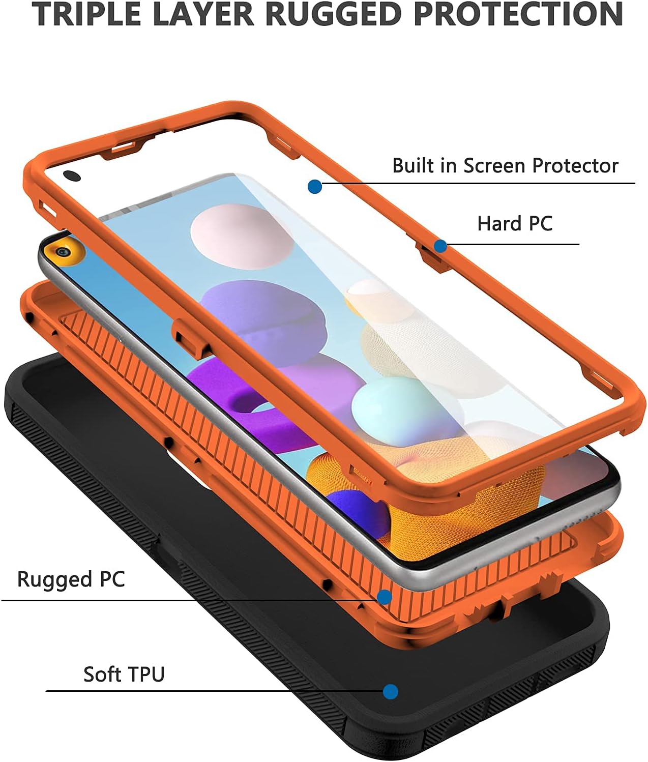 Annymall Funda para Galaxy A21s versión de EE. UU., carcasa de cuerpo completo A21s con protector de pantalla integrado, funda de protección híbrida