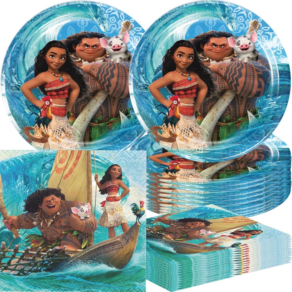 Moana – Suministros para fiesta de cumpleaños, 40 piezas, juego de vajilla para fiesta de Moana, platos y servilletas para decoraciones de