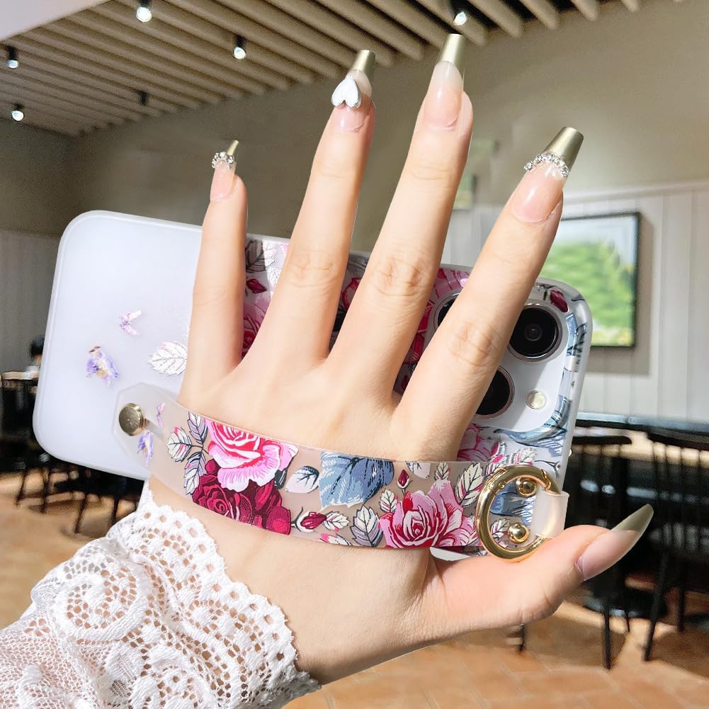 KANGHAR Funda para iPhone 14 Pro Max con estampado floral para mujeres y niñas, funda de silicona TPU suave con correa de muñeca para iPhone 14 Pro