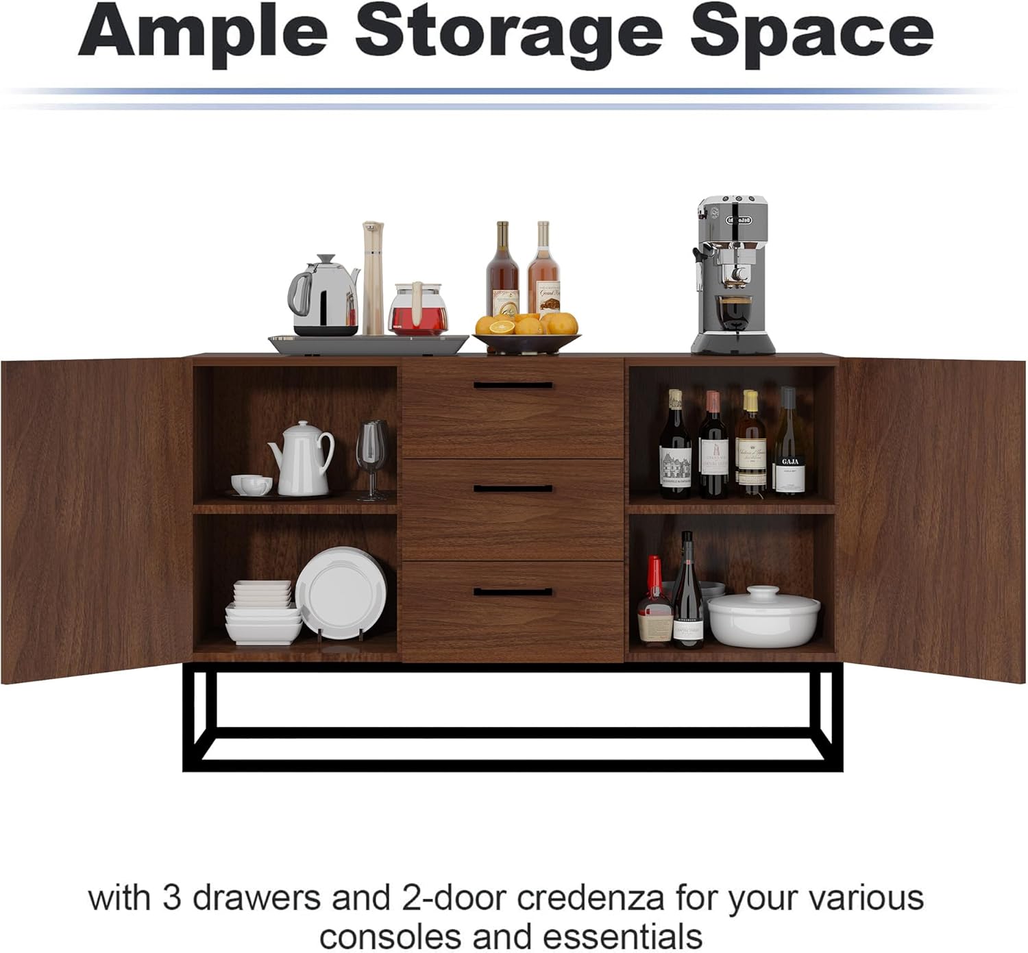 Bonzy Home Aparador buffet con 3 cajones y 2 puertas y estantes ajustables de 47 pulgadas, moderno gabinete de barra de café para sala de estar,