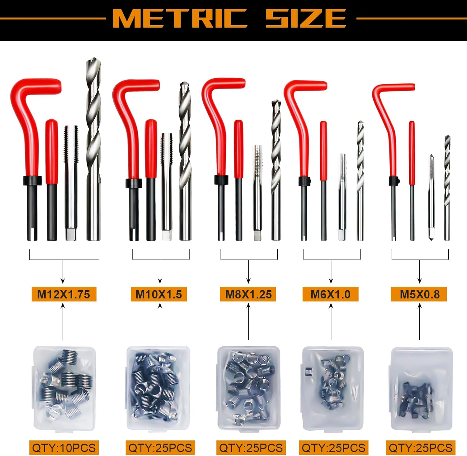 AJulyBee Kit de reparación de roscas helicoidales, 261 piezas Kit de reparación de roscas HSS, kit de reenhebrado con medidor de rosca, métrico y