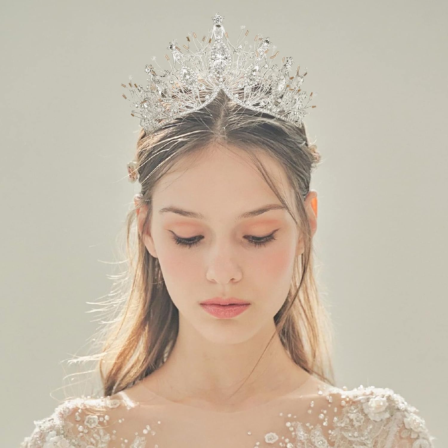 Yolmina Corona barroca de reina, corona de boda plateada y tiara para novia, hecha a mano, diadema de diamantes de imitación de cristal de princesa