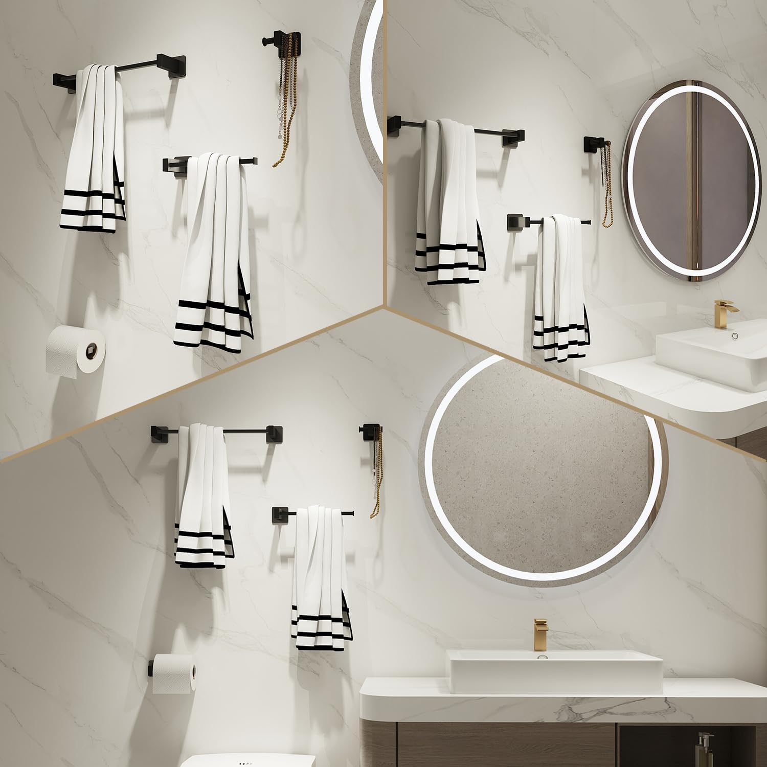 Toalleros para baño, juego de 4 piezas de accesorios de baño negro mate SUS304 de acero inoxidable montado en la pared, incluye toallero individual