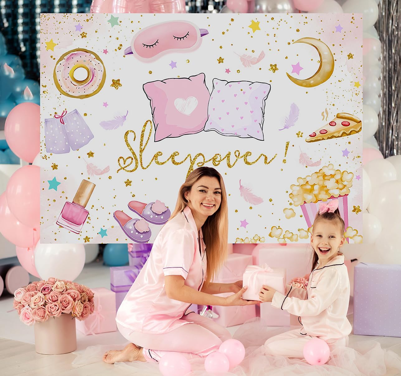 Mocsicka Fondo de fiesta de pijamas para niñas, decoración de pijama, almohada de lucha contra fotografía, spa, maquillaje, suministros de pancarta