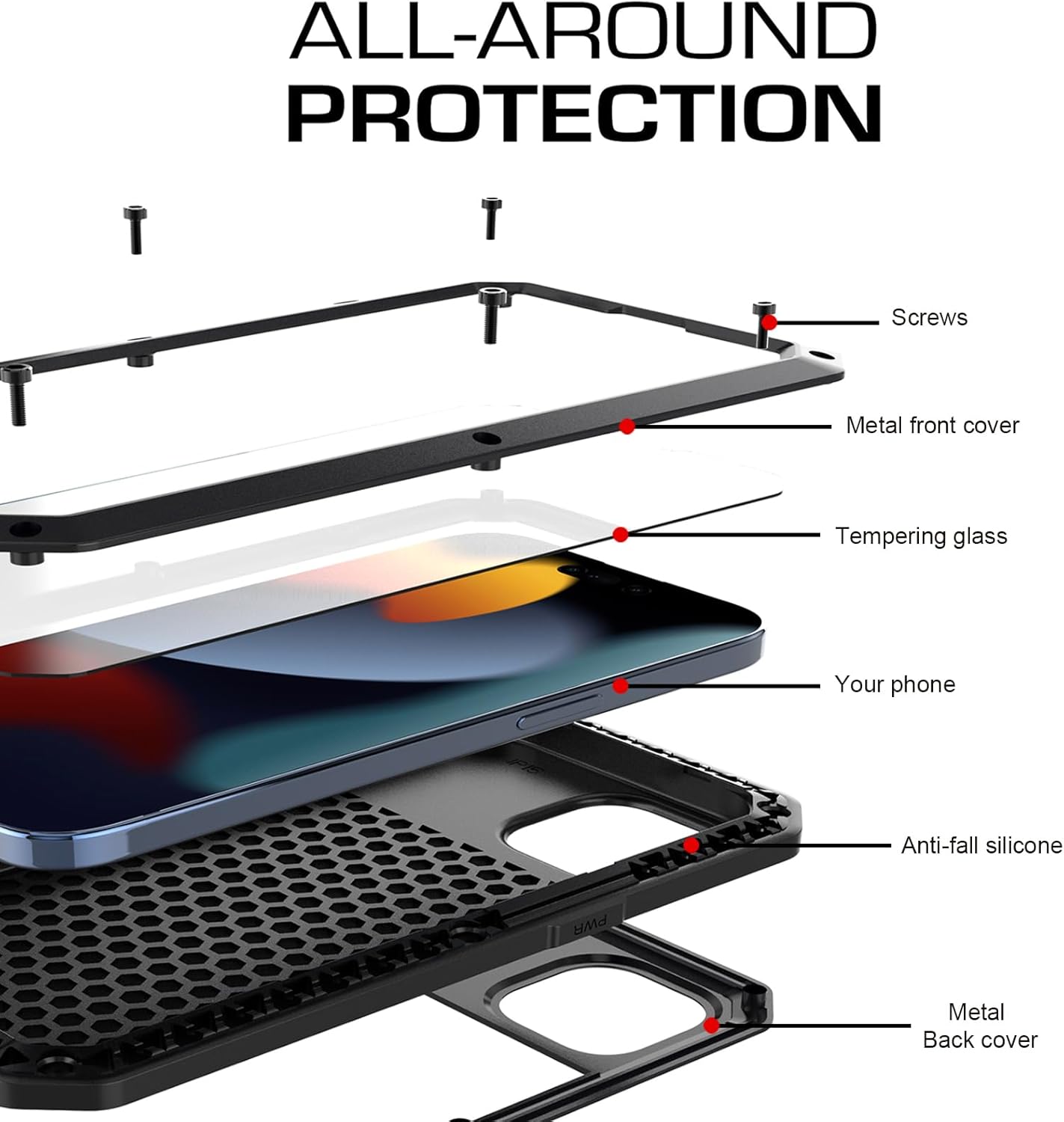 Marrkey Compatible con iPhone 15, funda protectora de cuerpo completo 360, resistente a los golpes, armadura resistente, funda de metal de aleación