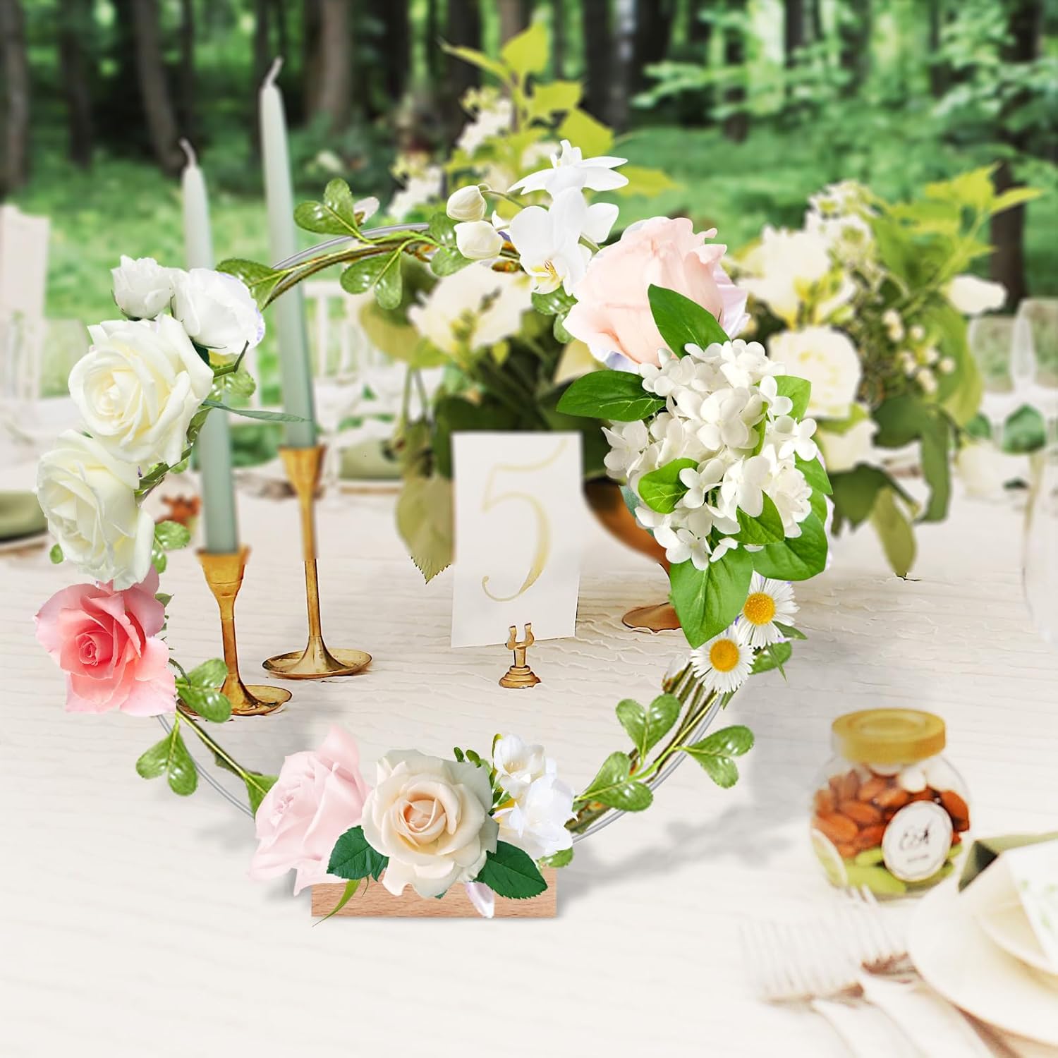 15 piezas de centro de mesa de aro floral de metal de 14 pulgadas con 15 soportes de madera para tarjetas y almohadillas ajustables para los pies,