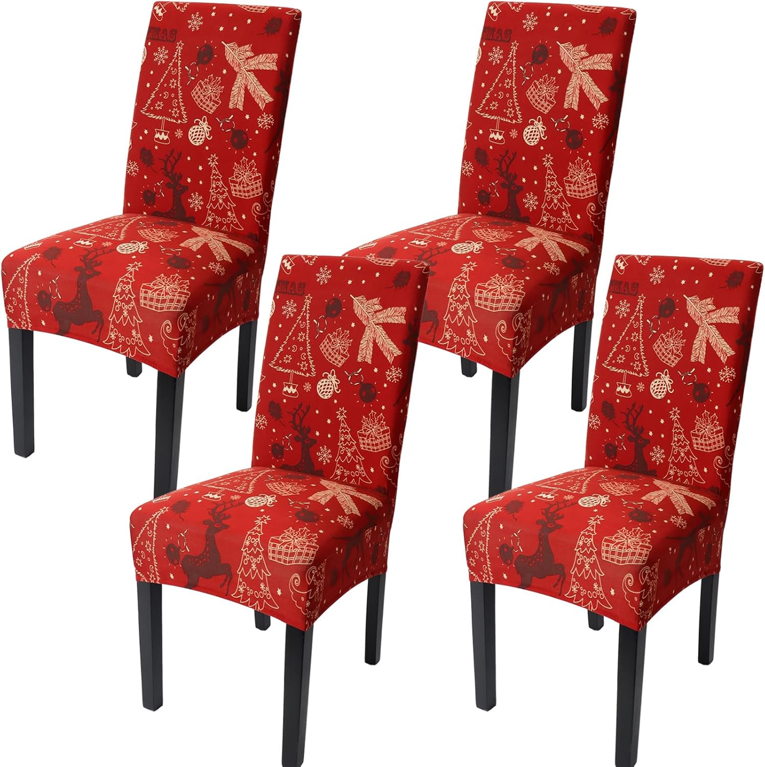 Betylifoy Juego de 4 fundas elásticas extraíbles para sillas de comedor, diseño de árbol de Navidad, alce, fundas para sillas de Navidad, para
