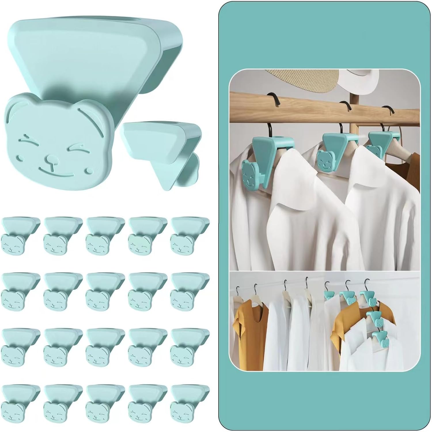 20 piezas de ahorro de espacio para perchas, ahorro de espacio en forma de oso con triángulos para perchas, ganchos de conector para colgar ropa,