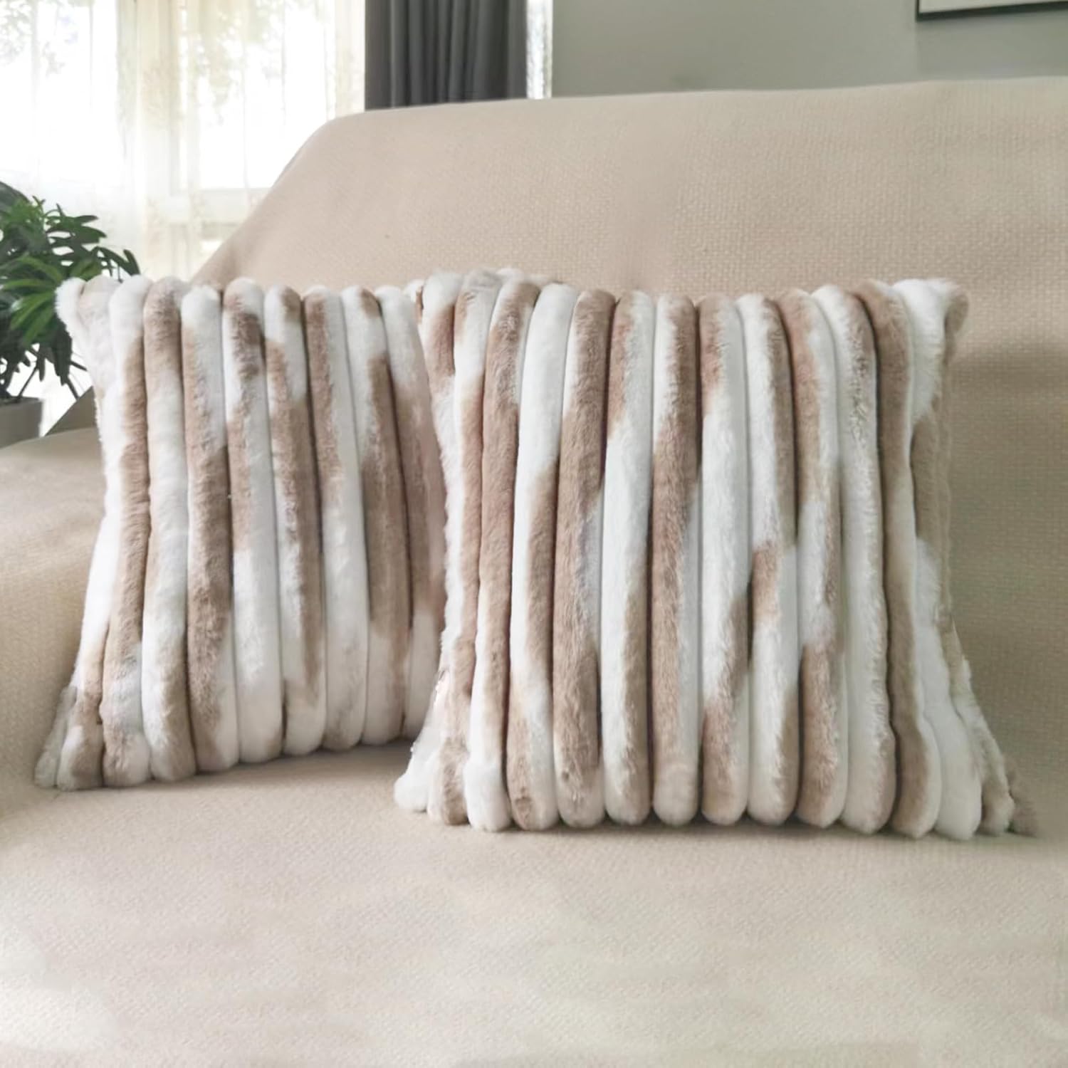 Fundas de almohada de 18 x 18 pulgadas, fundas de almohada esponjosas a rayas, juego de 2 piezas, color blanco con caqui, 18 x 18 pulgadas
