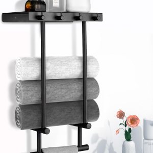 Toallero montado en la pared con estante de metal y 4 ganchos, toallero de acero inoxidable para baño pequeño, almacenamiento de toallas de baño, Toallero montado en la pared con estante de metal y 4 ganchos, toallero de acero inoxidable para baño pequeño, almacenamiento de toallas de baño,